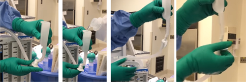 Four photographs showing procedure of setting up the chest drain