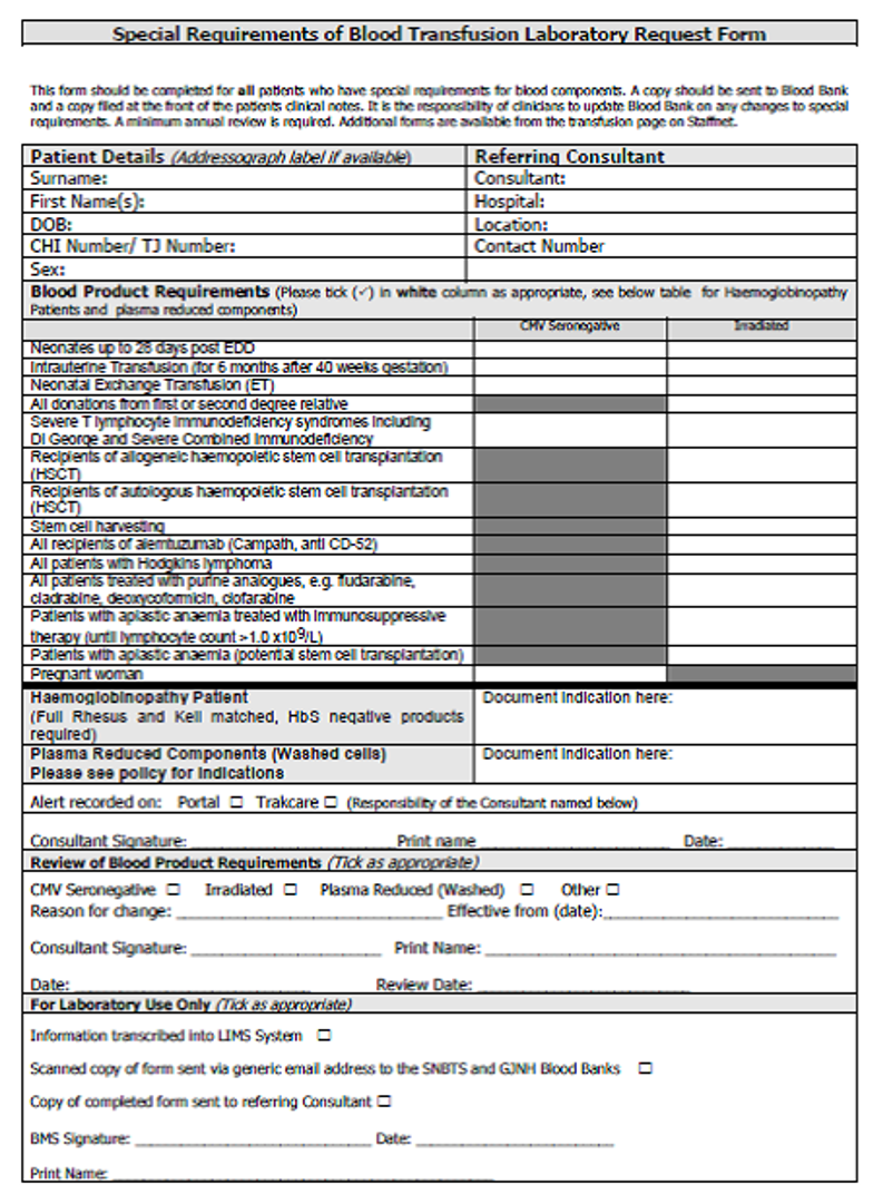Special requirements of Blood Transfusion Laboratory Request Form