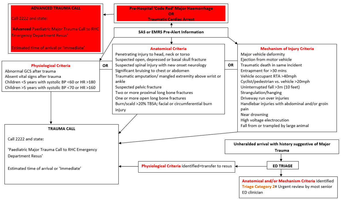 Paediatric Major Trauma Team Triggers Pathway flowchart