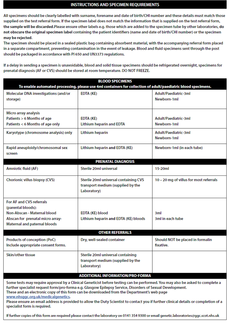 Instructions and specimen requirements information