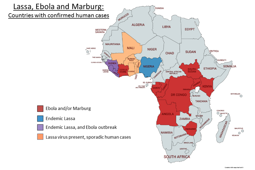 Countries with confirmed cases of Lassa, Ebola and Marburg map